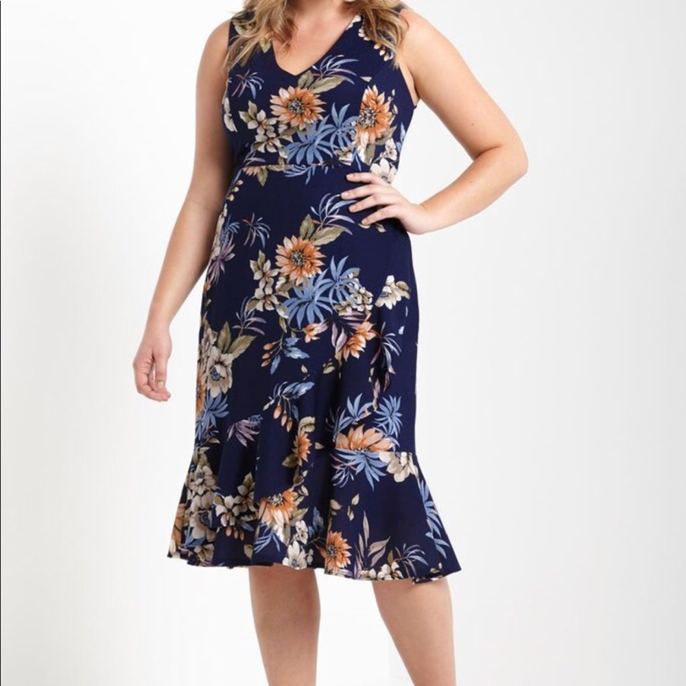 Navy Floral Printed Ruffle Plus Size